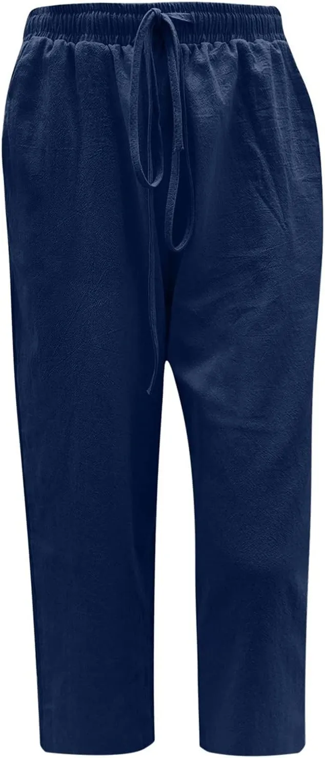 Womens Linen Summer Trendy Palazzo Lounge Pants Elastic Waisted Baggy Stretchy Slim-Fit Pants Business Work
