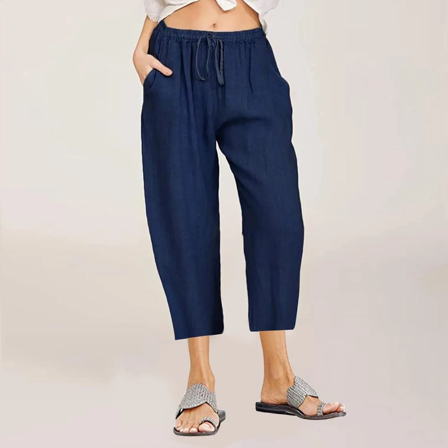 Womens Linen Summer Trendy Palazzo Lounge Pants Elastic Waisted Baggy Stretchy Slim-Fit Pants Business Work