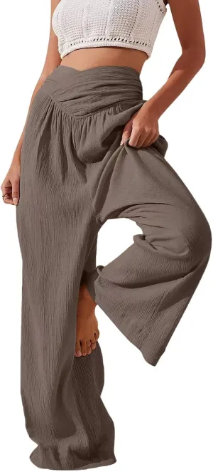 Women's Linen Wide Leg Palazzo Pants Loose Fit Straight Leg High Waisted Casual Long Trousers Summer Beach Solid Color Pants