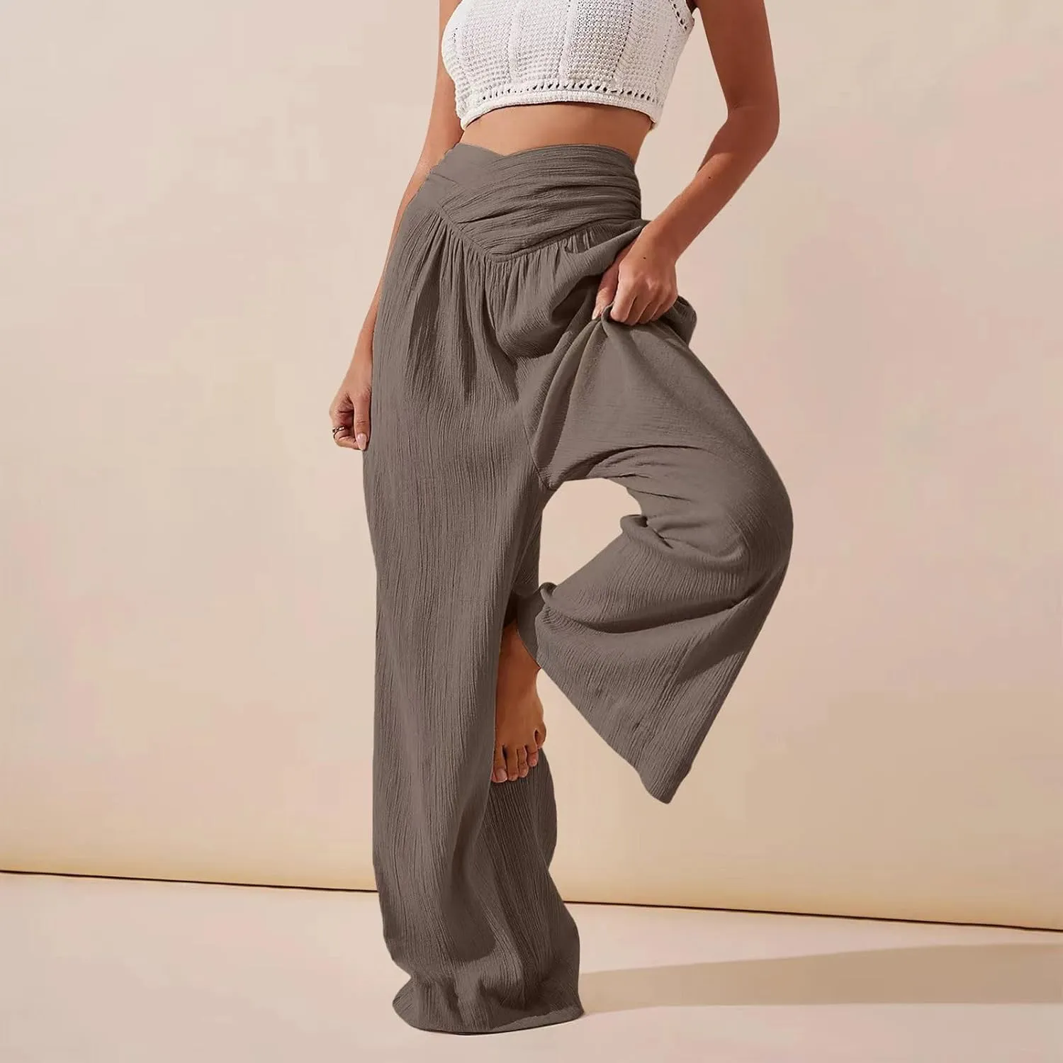 Women's Linen Wide Leg Palazzo Pants Loose Fit Straight Leg High Waisted Casual Long Trousers Summer Beach Solid Color Pants