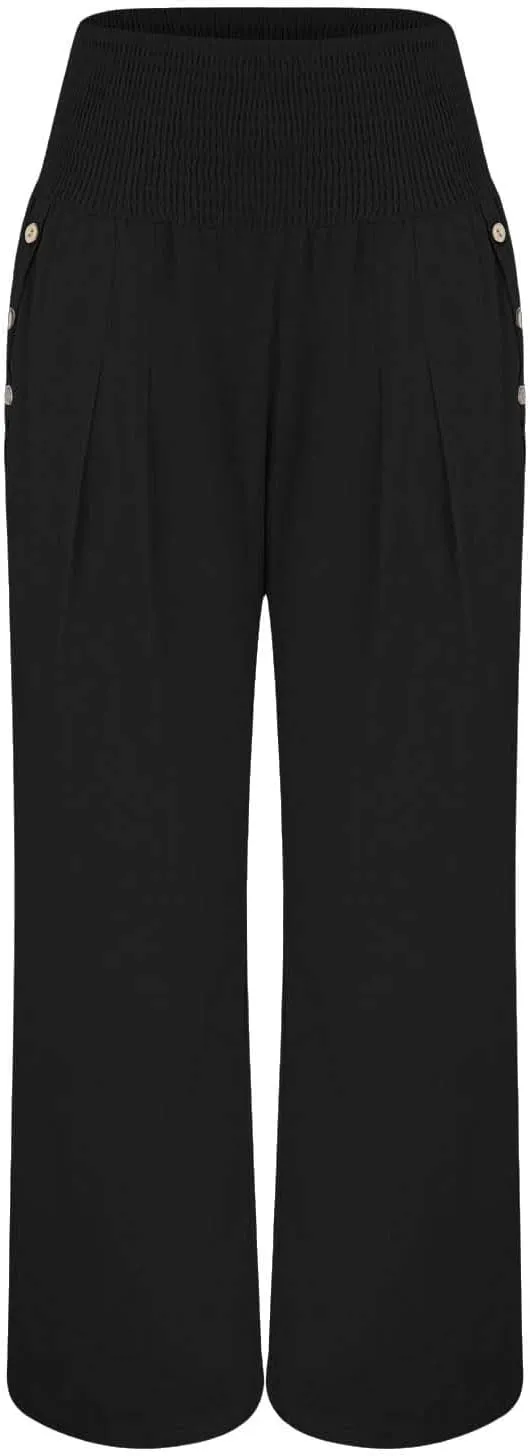 Womens Linen Wide Leg Pants Loose Drawsting Pull On Straight Leg Black Beach Flowy Harem Yoga Cropped Trousers with Pockets