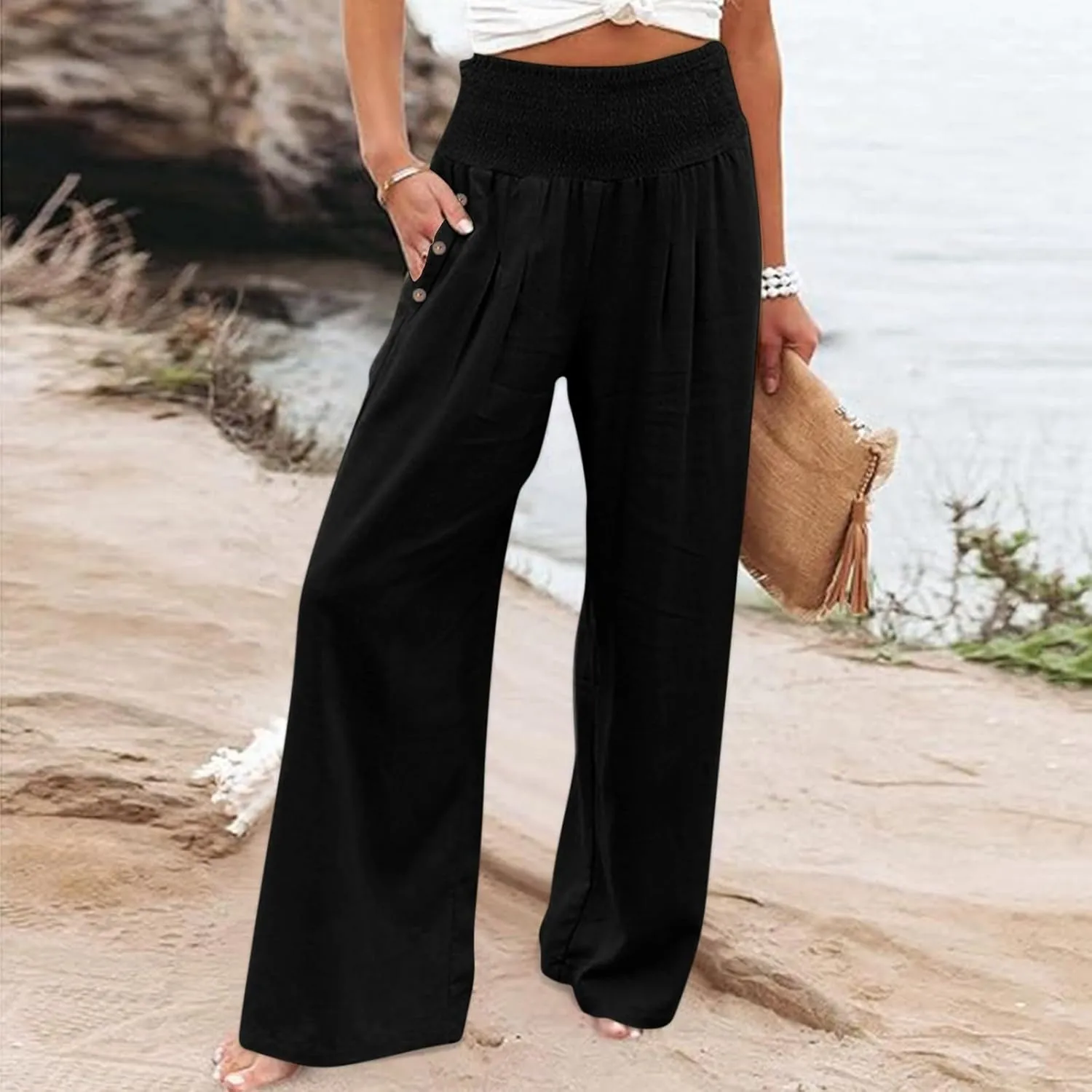 Womens Linen Wide Leg Pants Loose Drawsting Pull On Straight Leg Black Beach Flowy Harem Yoga Cropped Trousers with Pockets
