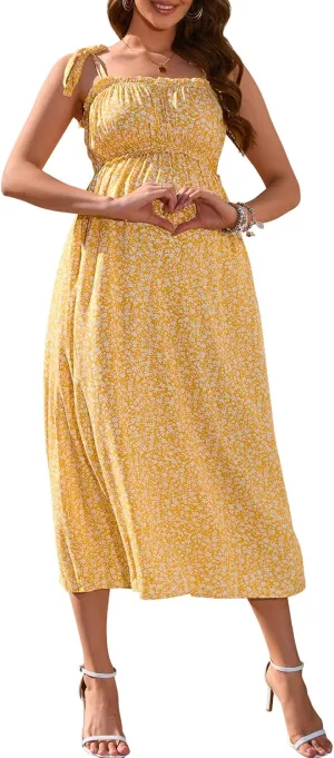 Women's Maternity Smocked Summer Casual Spaghetti Strap Sleeveless Maxi Dress