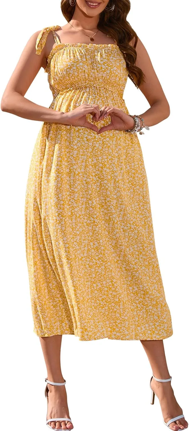 Women's Maternity Smocked Summer Casual Spaghetti Strap Sleeveless Maxi Dress