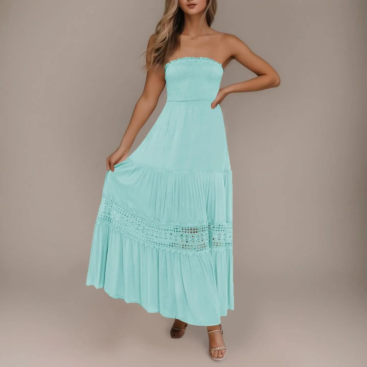 Women's Maxi Dress 2025 Summer Off Shoulder Smocked Tiered Ruffle Long Flowy Dresses Casual Beach Sundress