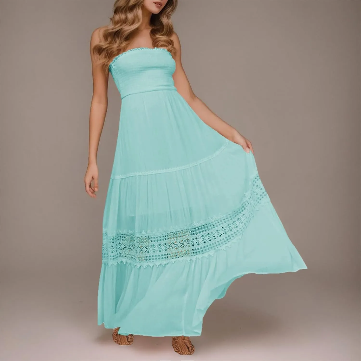 Women's Maxi Dress 2025 Summer Off Shoulder Smocked Tiered Ruffle Long Flowy Dresses Casual Beach Sundress