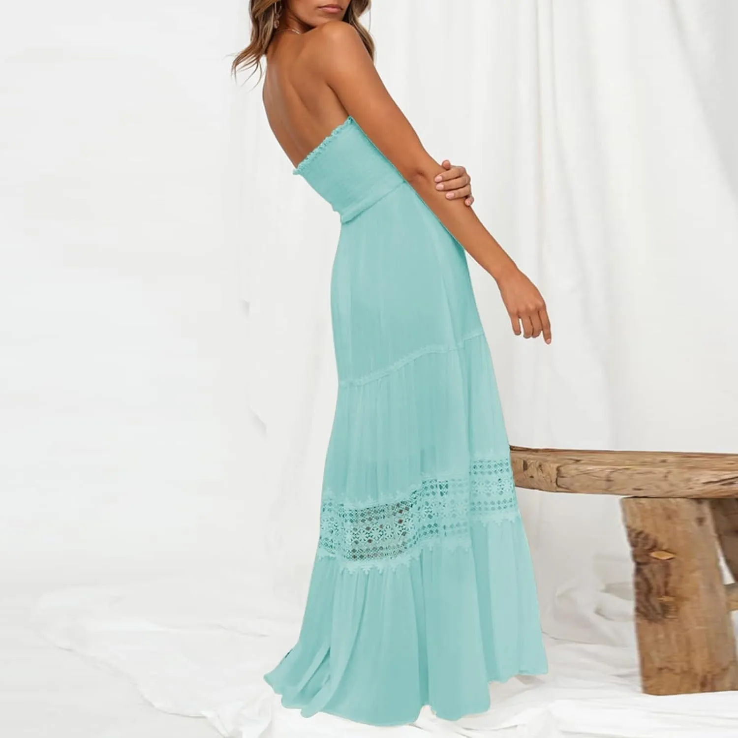 Women's Maxi Dress 2025 Summer Off Shoulder Smocked Tiered Ruffle Long Flowy Dresses Casual Beach Sundress