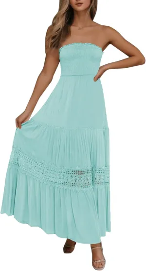Women's Maxi Dress 2025 Summer Off Shoulder Smocked Tiered Ruffle Long Flowy Dresses Casual Beach Sundress