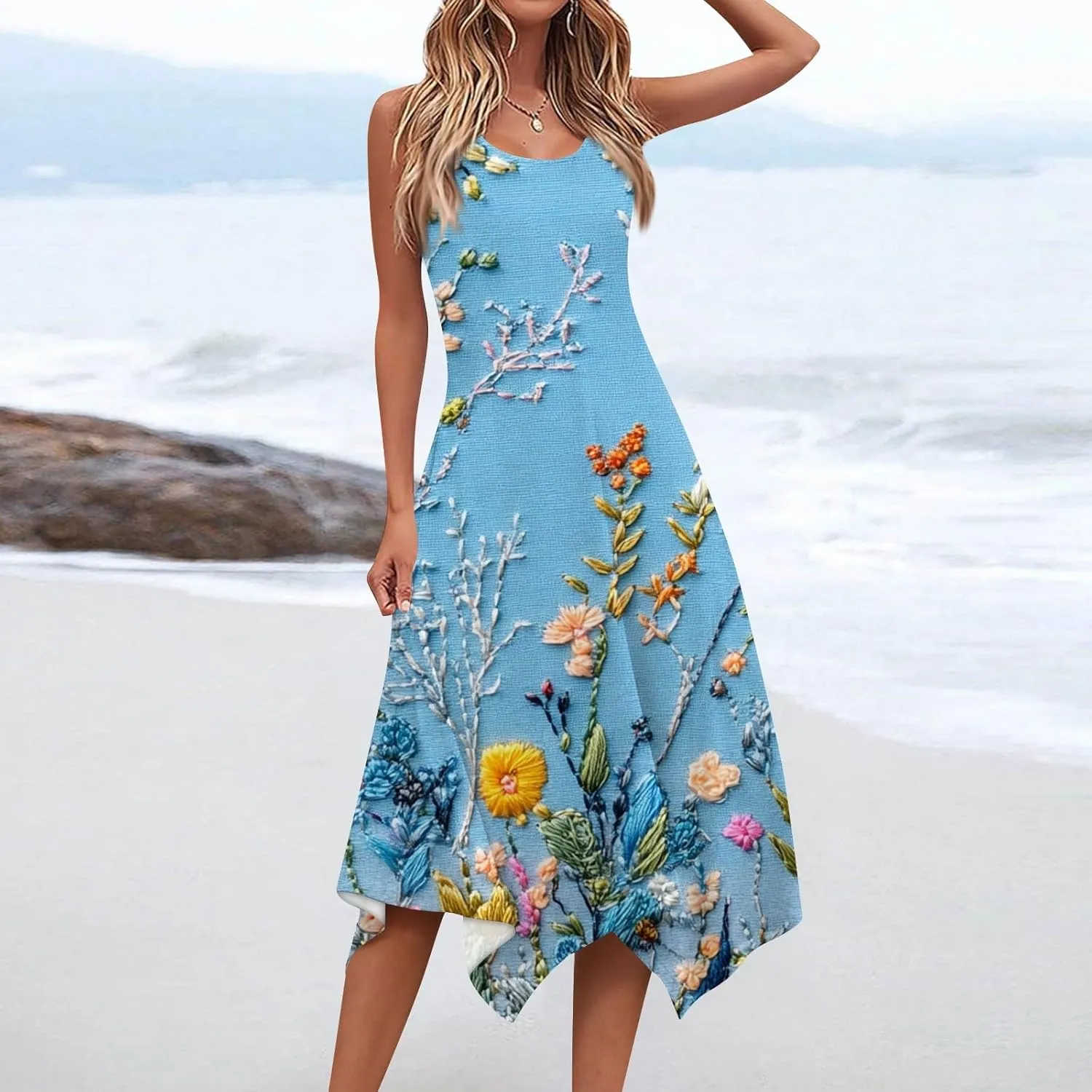 Womens Off Shoulder Sleeveless Midi Sundresses Smocked Flowy A Line Dress Formal Plus Size Casual Floral Tank Dress