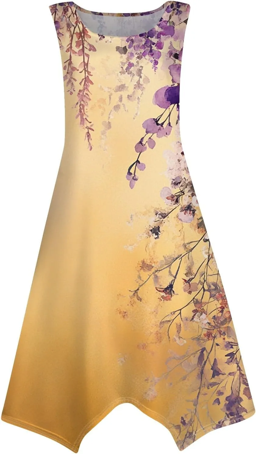 Womens Off Shoulder Sleeveless Midi Sundresses Smocked Flowy A Line Dress Formal Plus Size Casual Floral Tank Dress