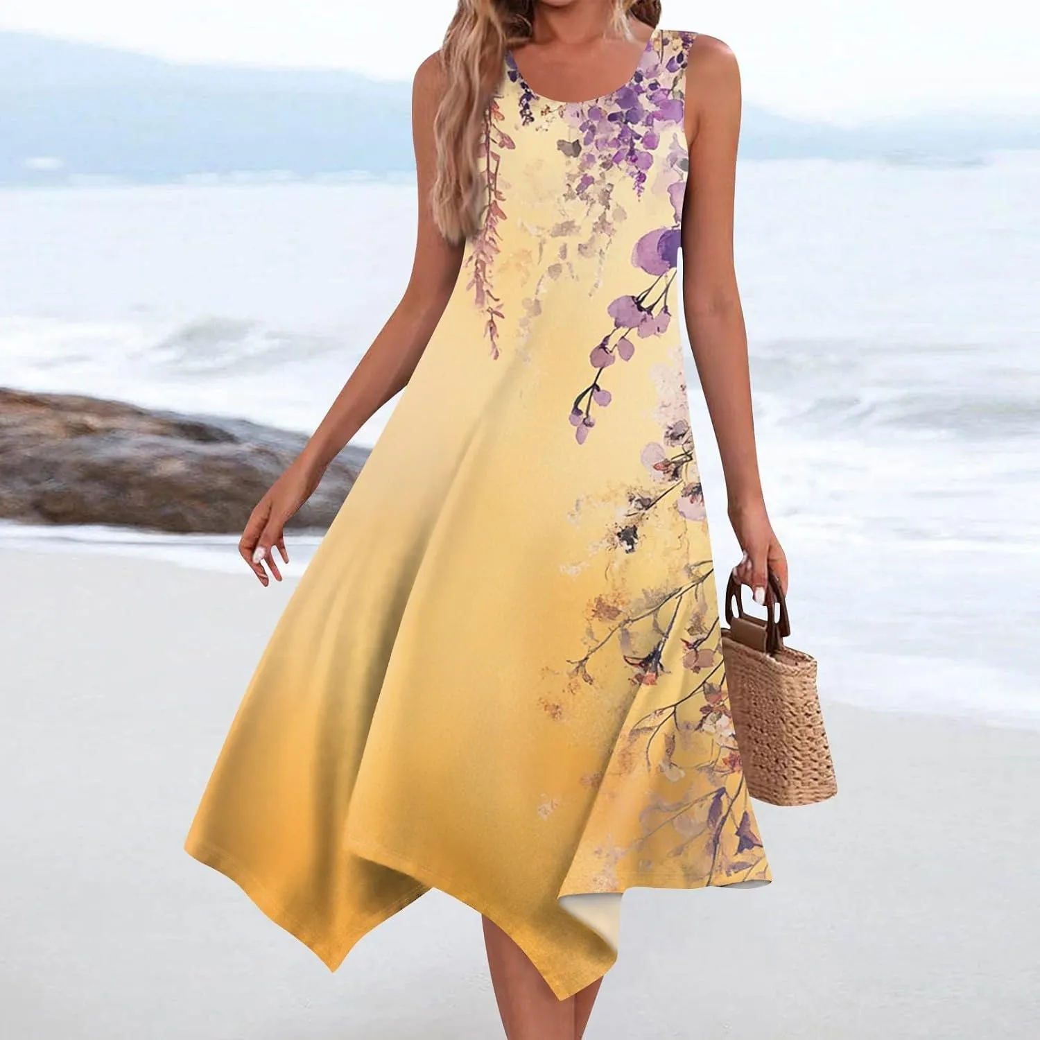 Womens Off Shoulder Sleeveless Midi Sundresses Smocked Flowy A Line Dress Formal Plus Size Casual Floral Tank Dress