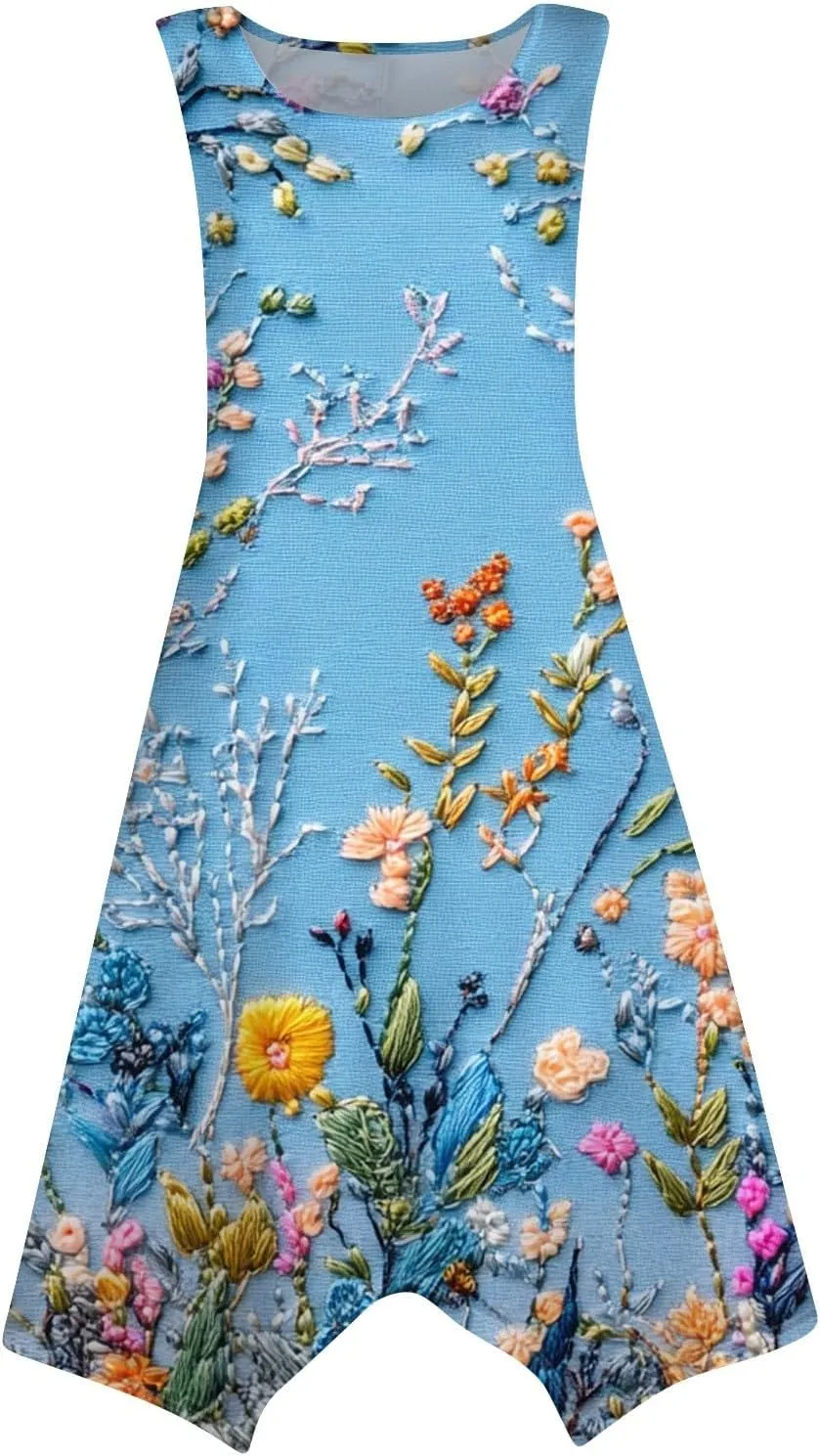 Womens Off Shoulder Sleeveless Midi Sundresses Smocked Flowy A Line Dress Formal Plus Size Casual Floral Tank Dress