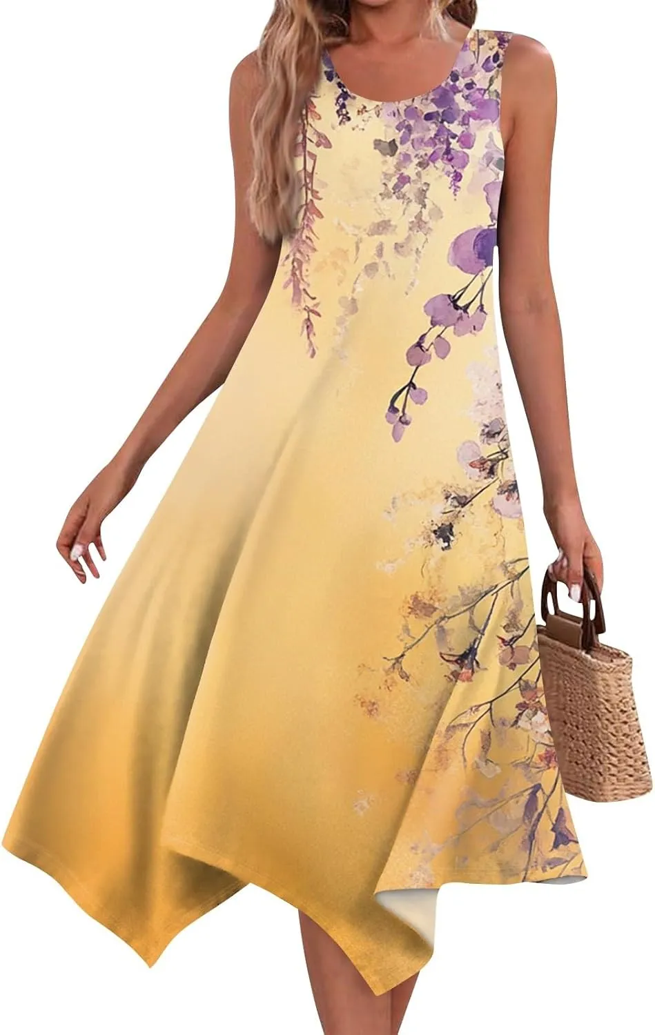 Womens Off Shoulder Sleeveless Midi Sundresses Smocked Flowy A Line Dress Formal Plus Size Casual Floral Tank Dress