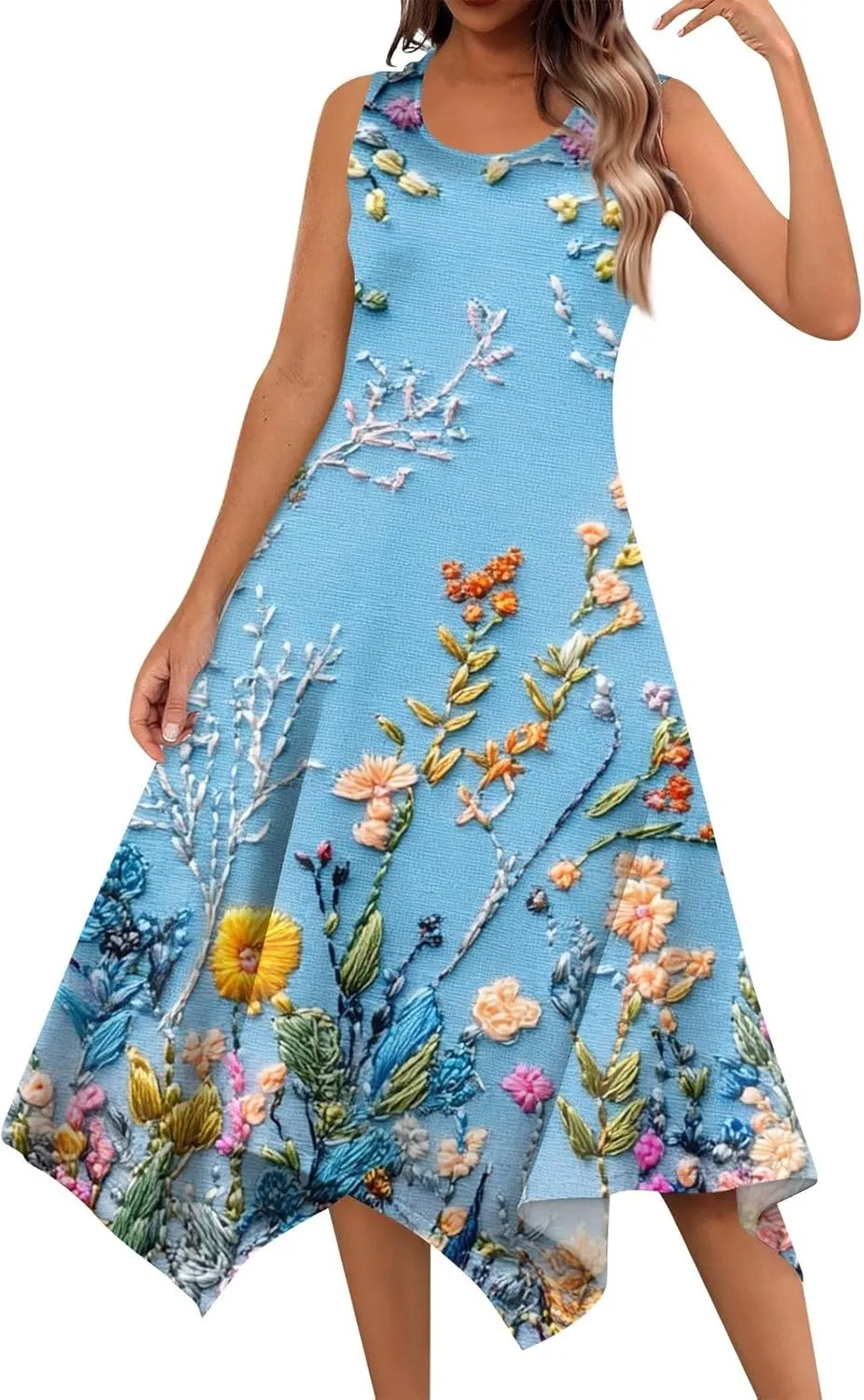 Womens Off Shoulder Sleeveless Midi Sundresses Smocked Flowy A Line Dress Formal Plus Size Casual Floral Tank Dress