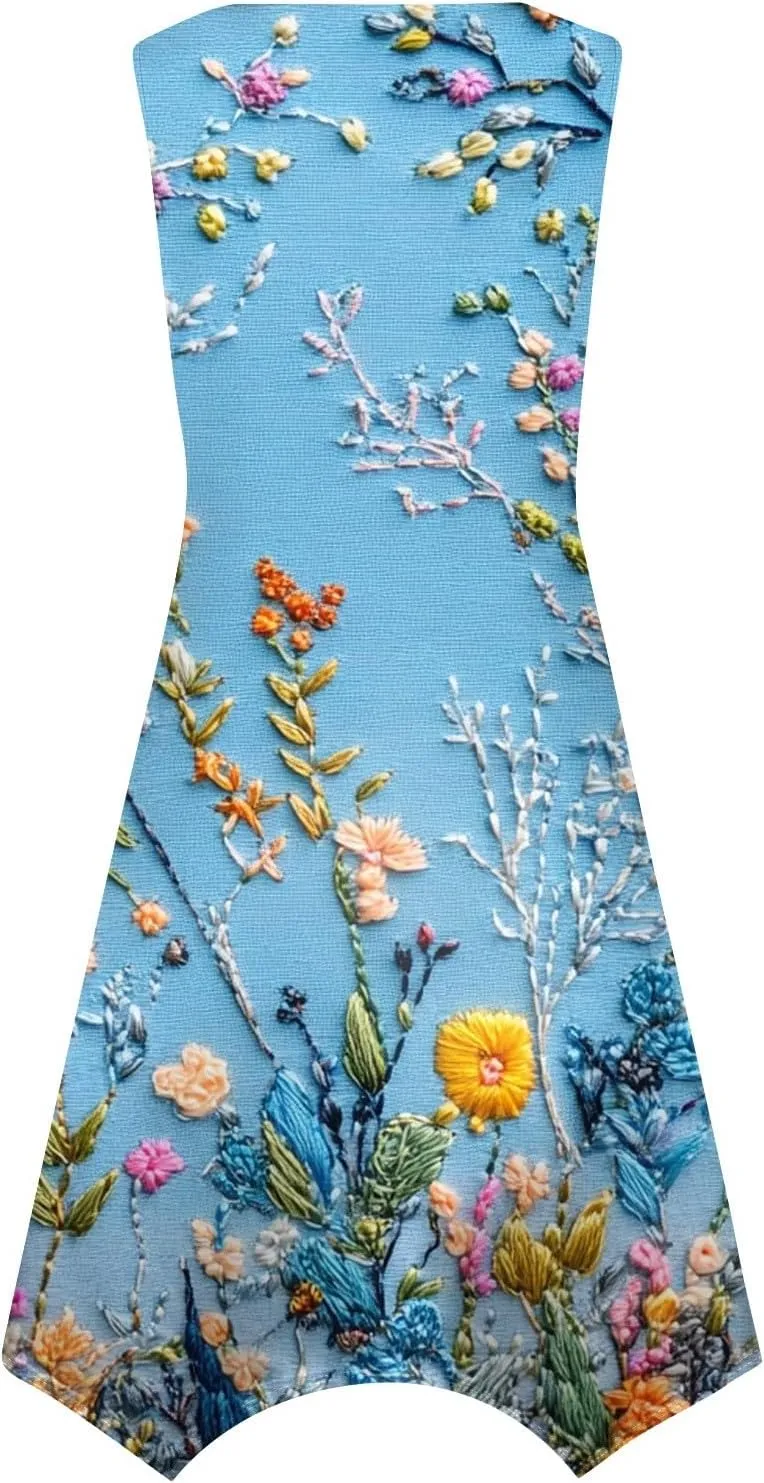 Womens Off Shoulder Sleeveless Midi Sundresses Smocked Flowy A Line Dress Formal Plus Size Casual Floral Tank Dress