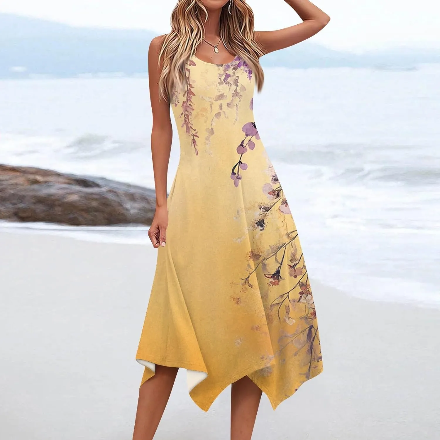 Womens Off Shoulder Sleeveless Midi Sundresses Smocked Flowy A Line Dress Formal Plus Size Casual Floral Tank Dress