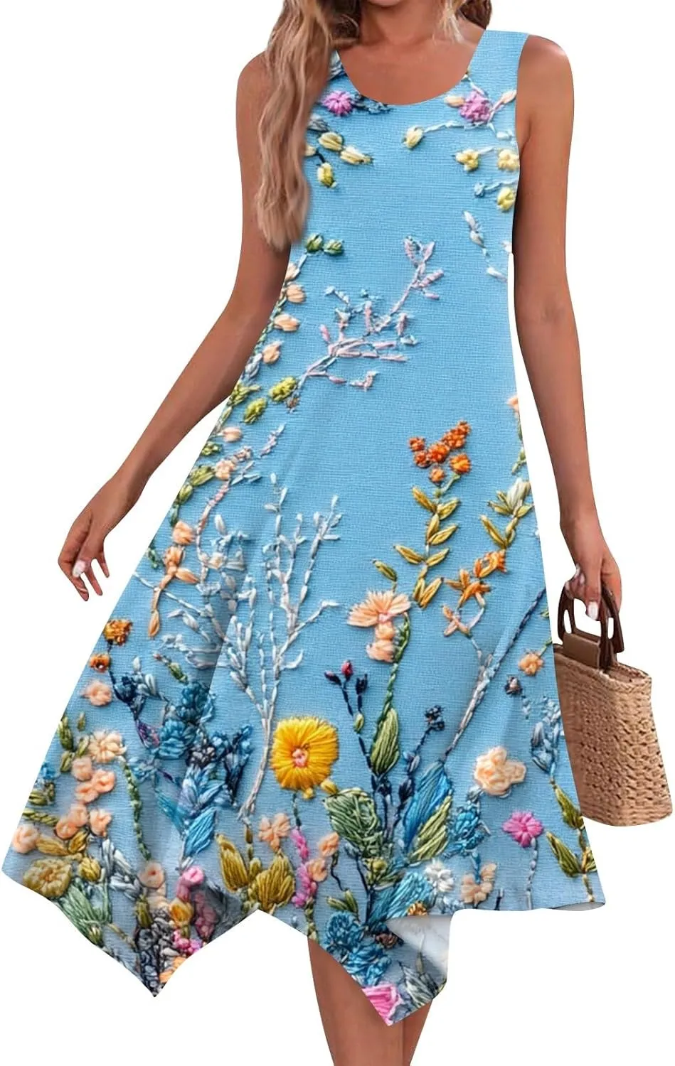 Womens Off Shoulder Sleeveless Midi Sundresses Smocked Flowy A Line Dress Formal Plus Size Casual Floral Tank Dress