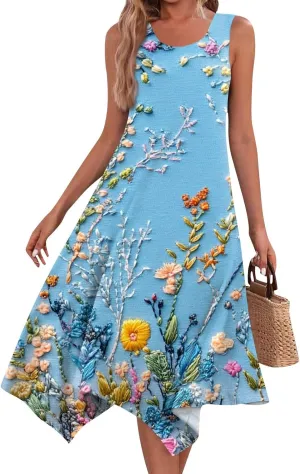 Womens Off Shoulder Sleeveless Midi Sundresses Smocked Flowy A Line Dress Formal Plus Size Casual Floral Tank Dress