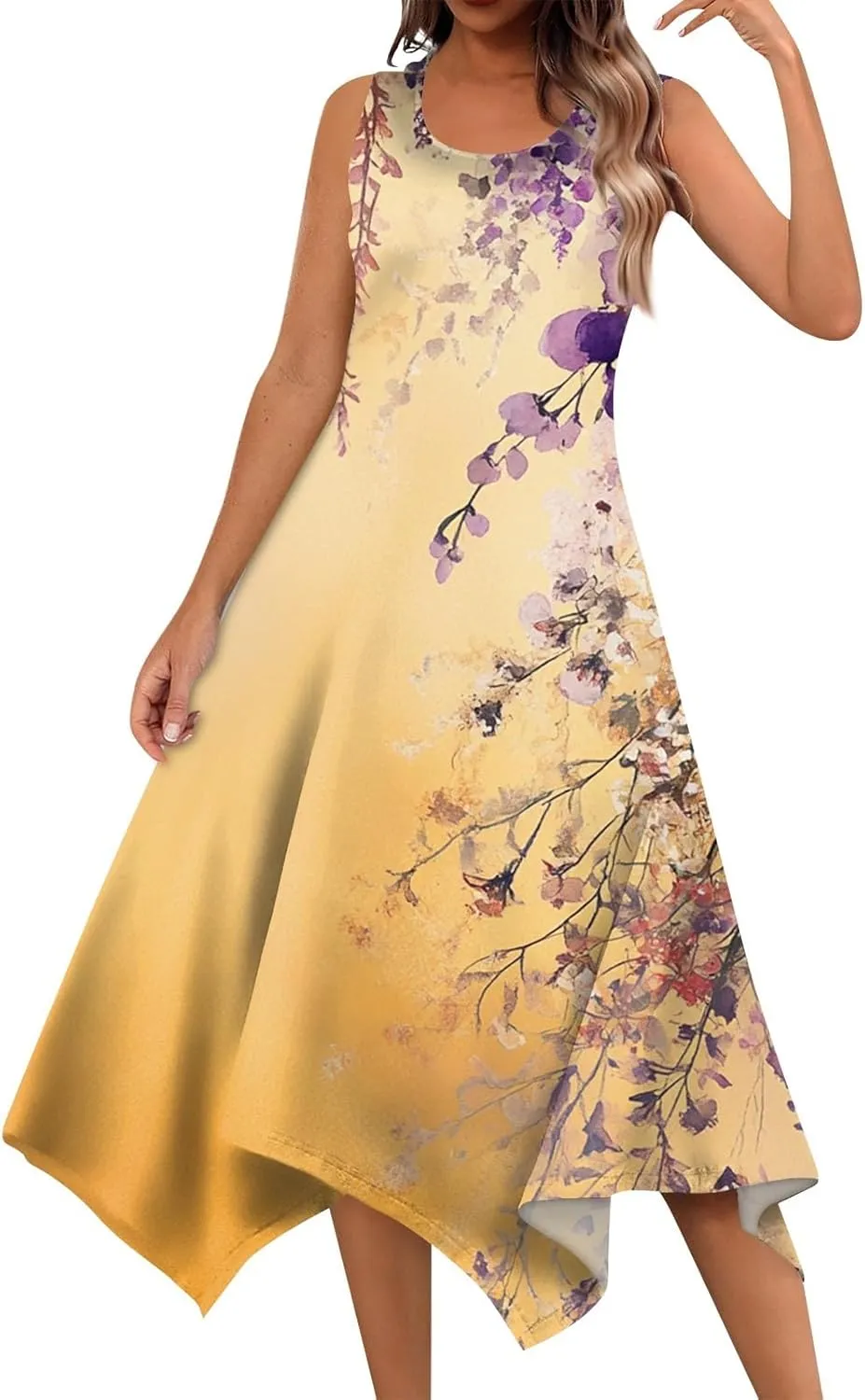 Womens Off Shoulder Sleeveless Midi Sundresses Smocked Flowy A Line Dress Formal Plus Size Casual Floral Tank Dress