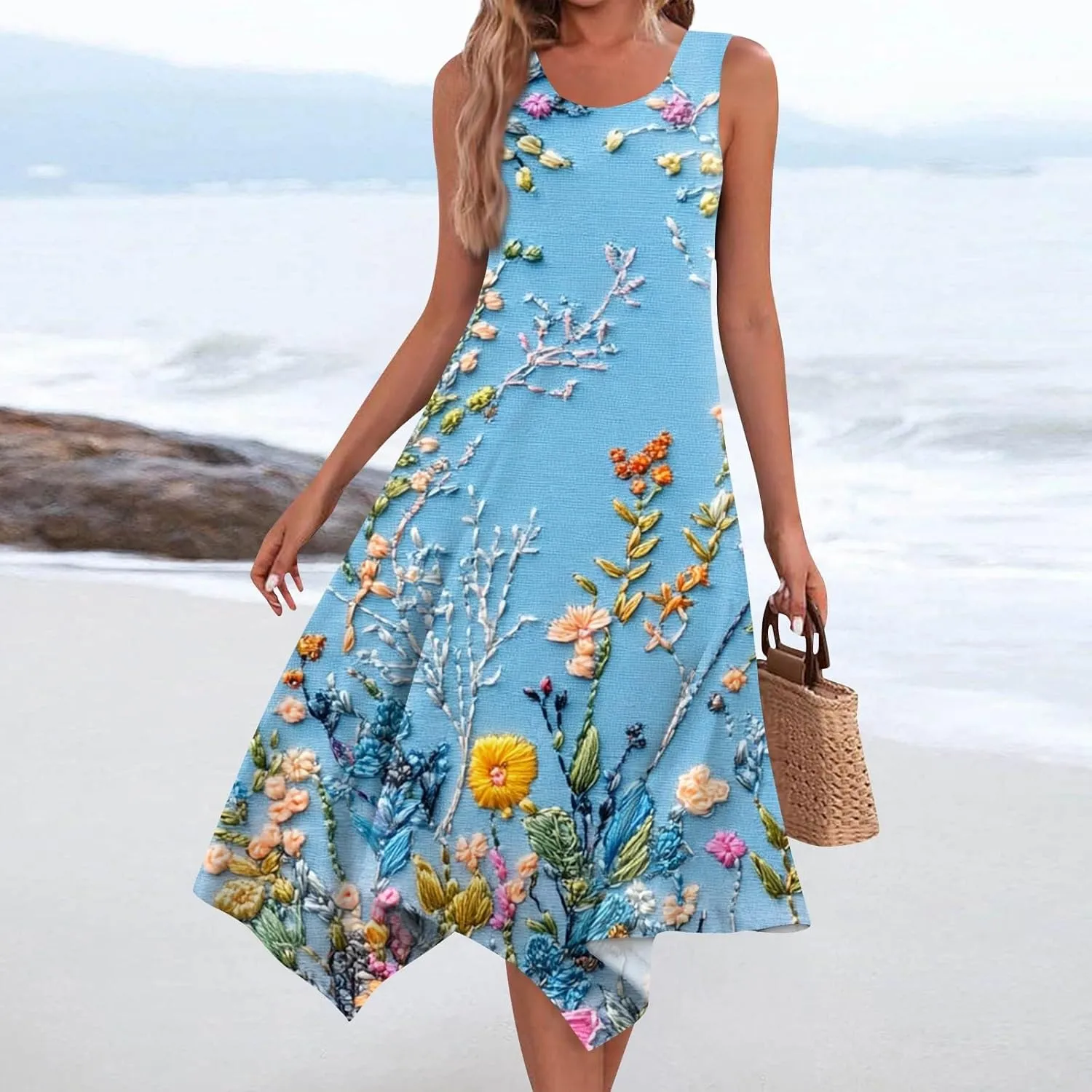 Womens Off Shoulder Sleeveless Midi Sundresses Smocked Flowy A Line Dress Formal Plus Size Casual Floral Tank Dress
