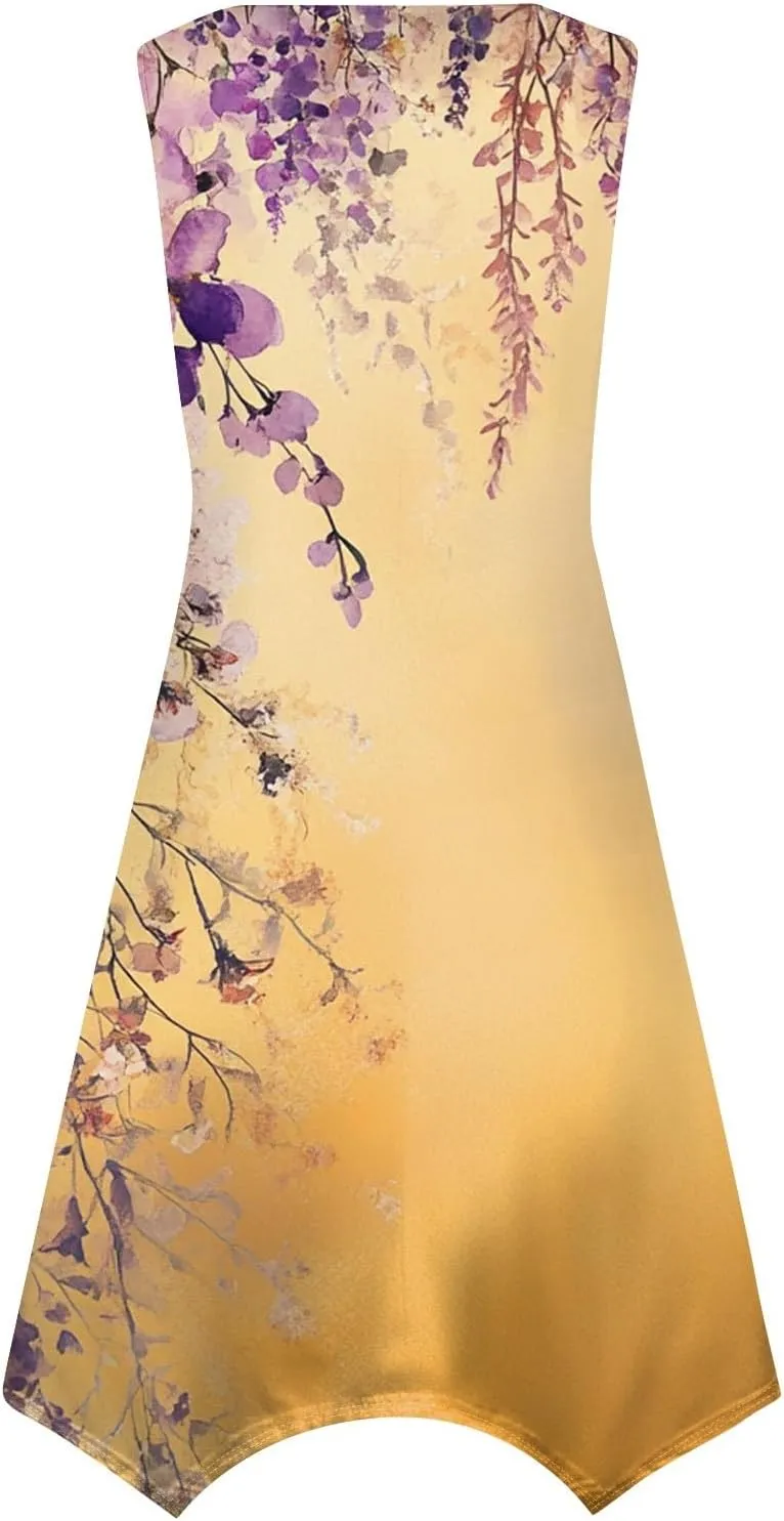 Womens Off Shoulder Sleeveless Midi Sundresses Smocked Flowy A Line Dress Formal Plus Size Casual Floral Tank Dress