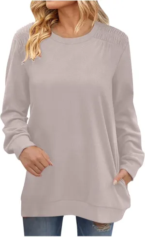 Womens Oversized Crewneck Sweatshirt Pleated Long Sleeve Tunic Tops Loose Fit Pullover Top Fall Clothes with Pockets