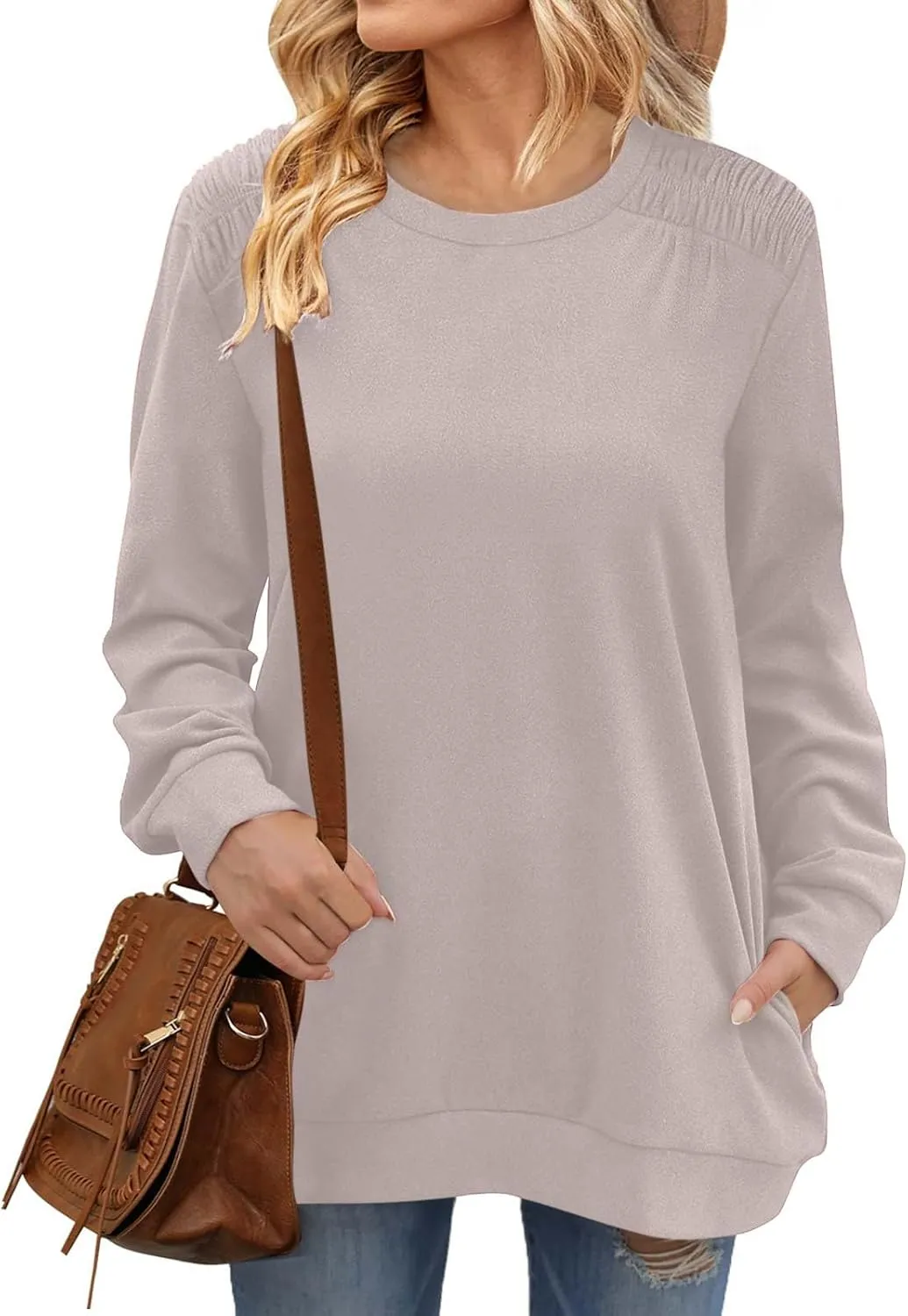 Womens Oversized Crewneck Sweatshirt Pleated Long Sleeve Tunic Tops Loose Fit Pullover Top Fall Clothes with Pockets