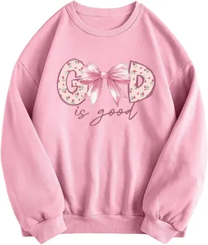 Women's Oversized Sweatshirts Bow Long Sleeve Crewneck Drop Shoulder Graphic Pullover Tops Trendy