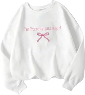 Women's Oversized Sweatshirts Bow Long Sleeve Crewneck Drop Shoulder Graphic Pullover Tops Trendy