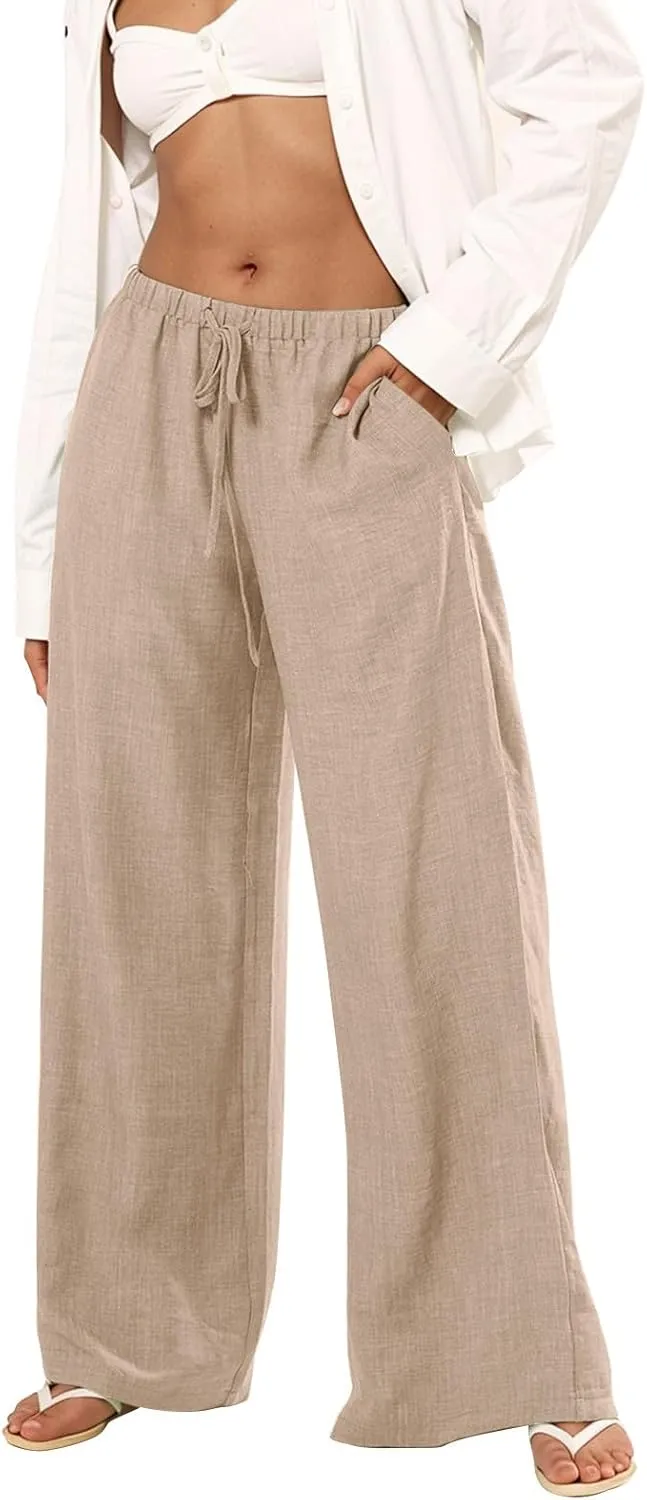 Women's Palazzo Linen Pants Elastic High Waisted Wide Leg Beach Pants Casual Summer Loose Flowy Trousers with Pockets