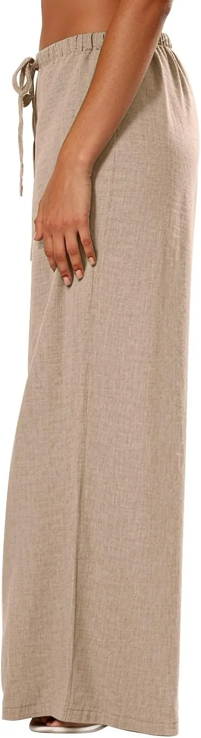 Women's Palazzo Linen Pants Elastic High Waisted Wide Leg Beach Pants Casual Summer Loose Flowy Trousers with Pockets