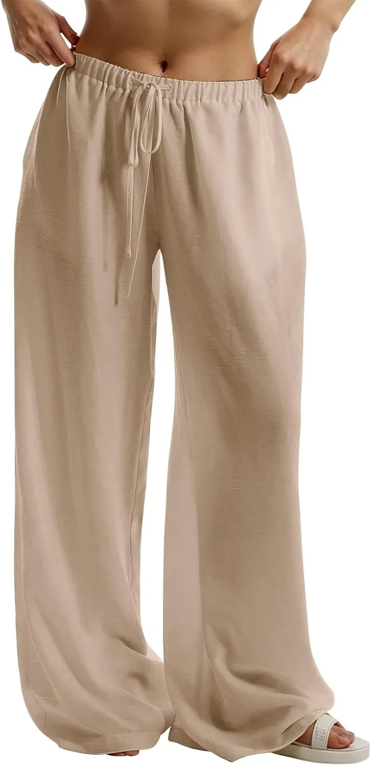 Women's Palazzo Linen Pants Elastic High Waisted Wide Leg Beach Pants Casual Summer Loose Flowy Trousers with Pockets
