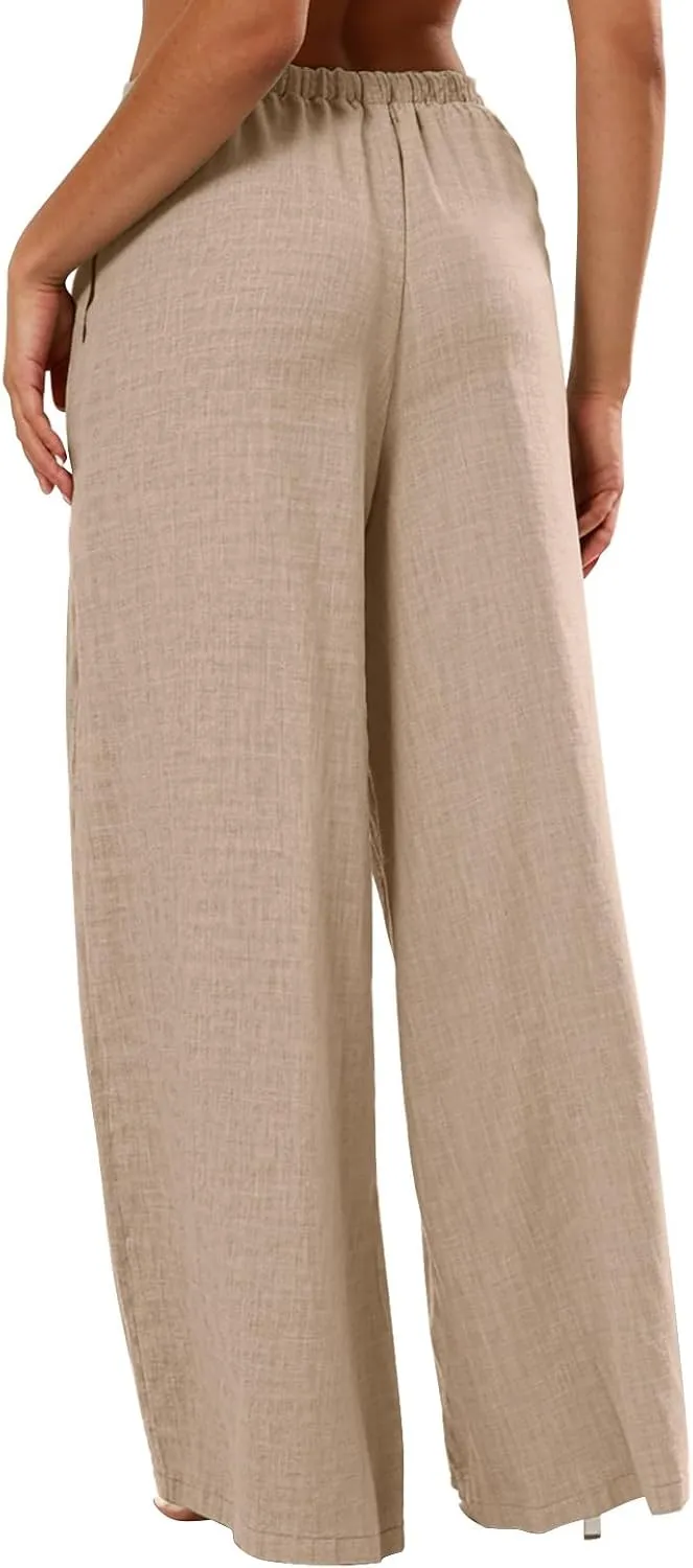Women's Palazzo Linen Pants Elastic High Waisted Wide Leg Beach Pants Casual Summer Loose Flowy Trousers with Pockets