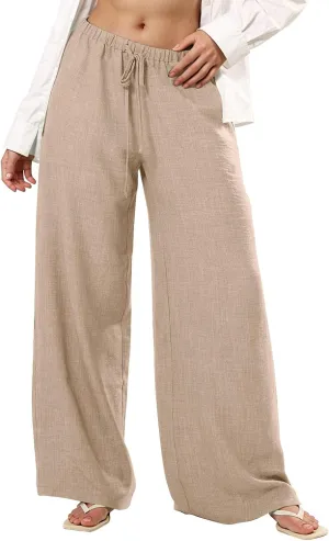 Women's Palazzo Linen Pants Elastic High Waisted Wide Leg Beach Pants Casual Summer Loose Flowy Trousers with Pockets
