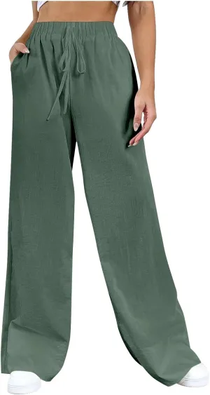 Women's Pants, High Waisted Wide Leg Cotton Linen Pants Straight Sweatpants Lounge