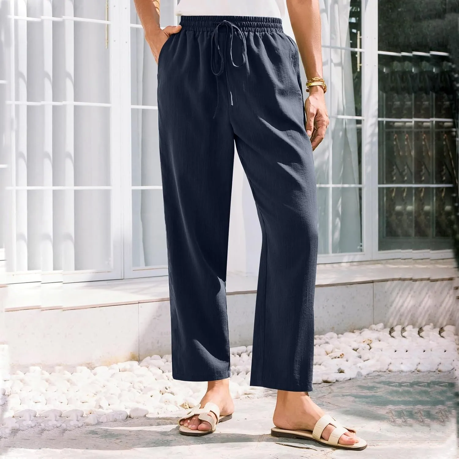 Womens Pants, Straight Leg Plaid Casual Pants Linen Peasant Teacher Trendy Lounge