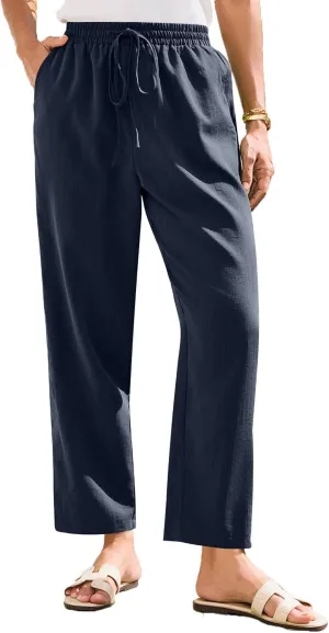 Womens Pants, Straight Leg Plaid Casual Pants Linen Peasant Teacher Trendy Lounge