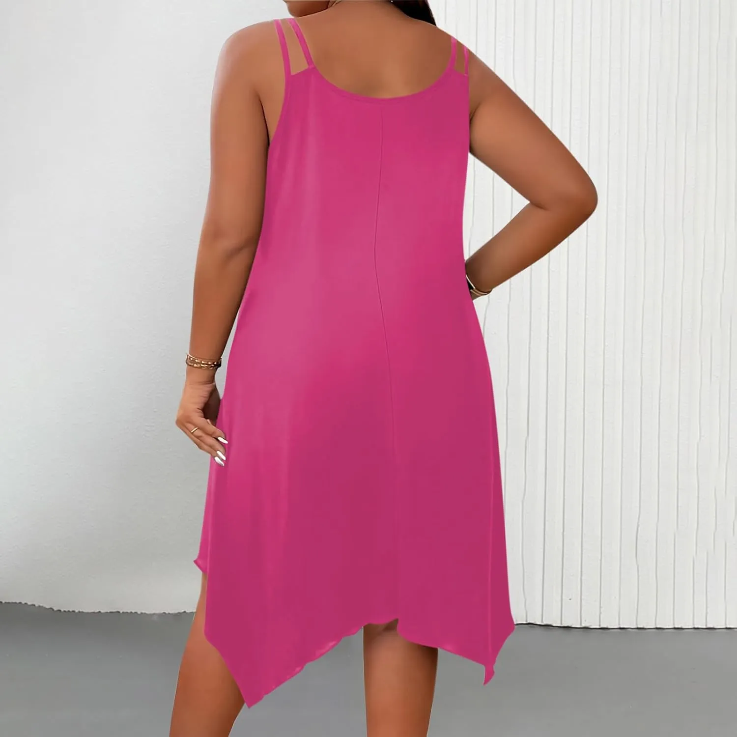 Womens Plus Size Dresses 2025 Summer Sleeveless Scoop Neck Asymmetrical Hem Flowy Midi Cami Dress Casual Loose Dresess