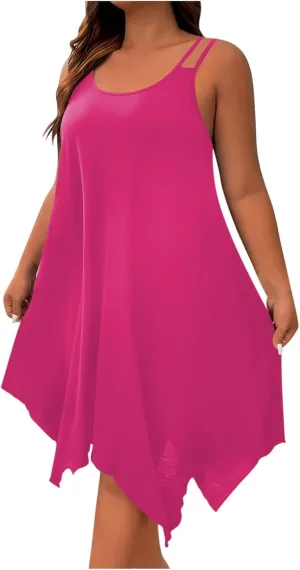 Womens Plus Size Dresses 2025 Summer Sleeveless Scoop Neck Asymmetrical Hem Flowy Midi Cami Dress Casual Loose Dresess