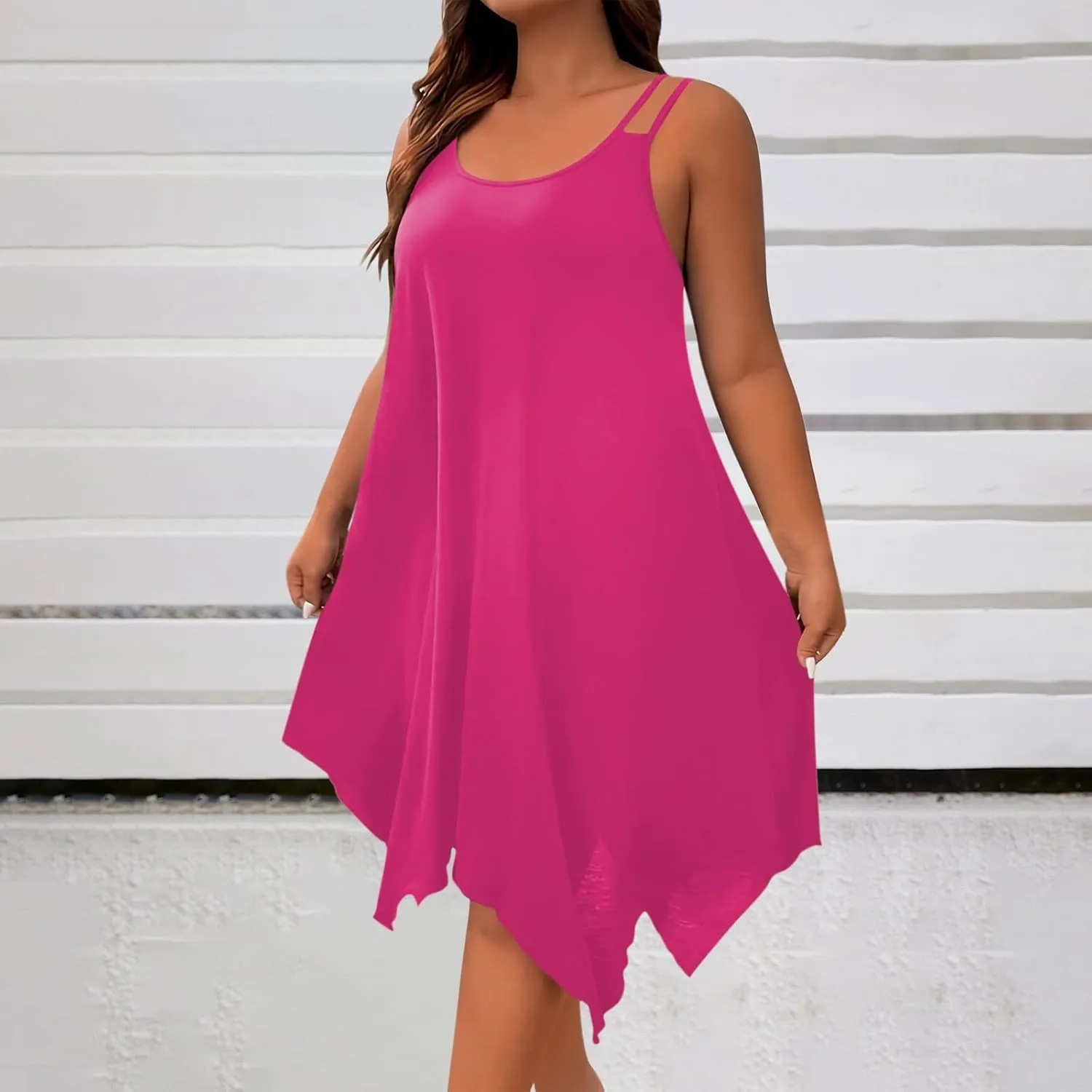 Womens Plus Size Dresses 2025 Summer Sleeveless Scoop Neck Asymmetrical Hem Flowy Midi Cami Dress Casual Loose Dresess