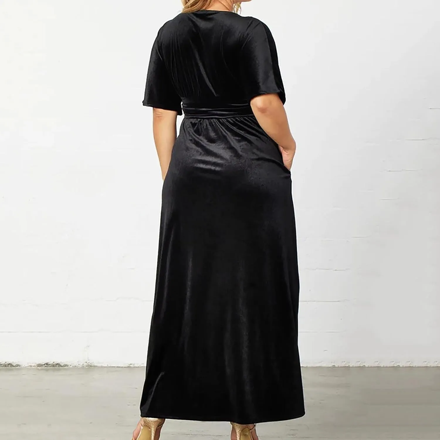 Women's Plus Size V Neck Wrap Velvet Maxi Dress Short Sleeve Empire Waist Semi Formal Dress Side Slit Cocktail Dress
