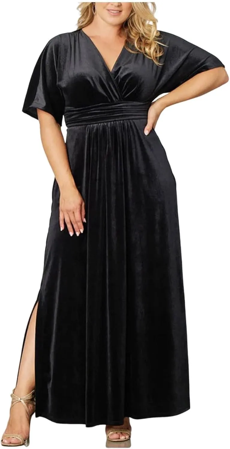 Women's Plus Size V Neck Wrap Velvet Maxi Dress Short Sleeve Empire Waist Semi Formal Dress Side Slit Cocktail Dress