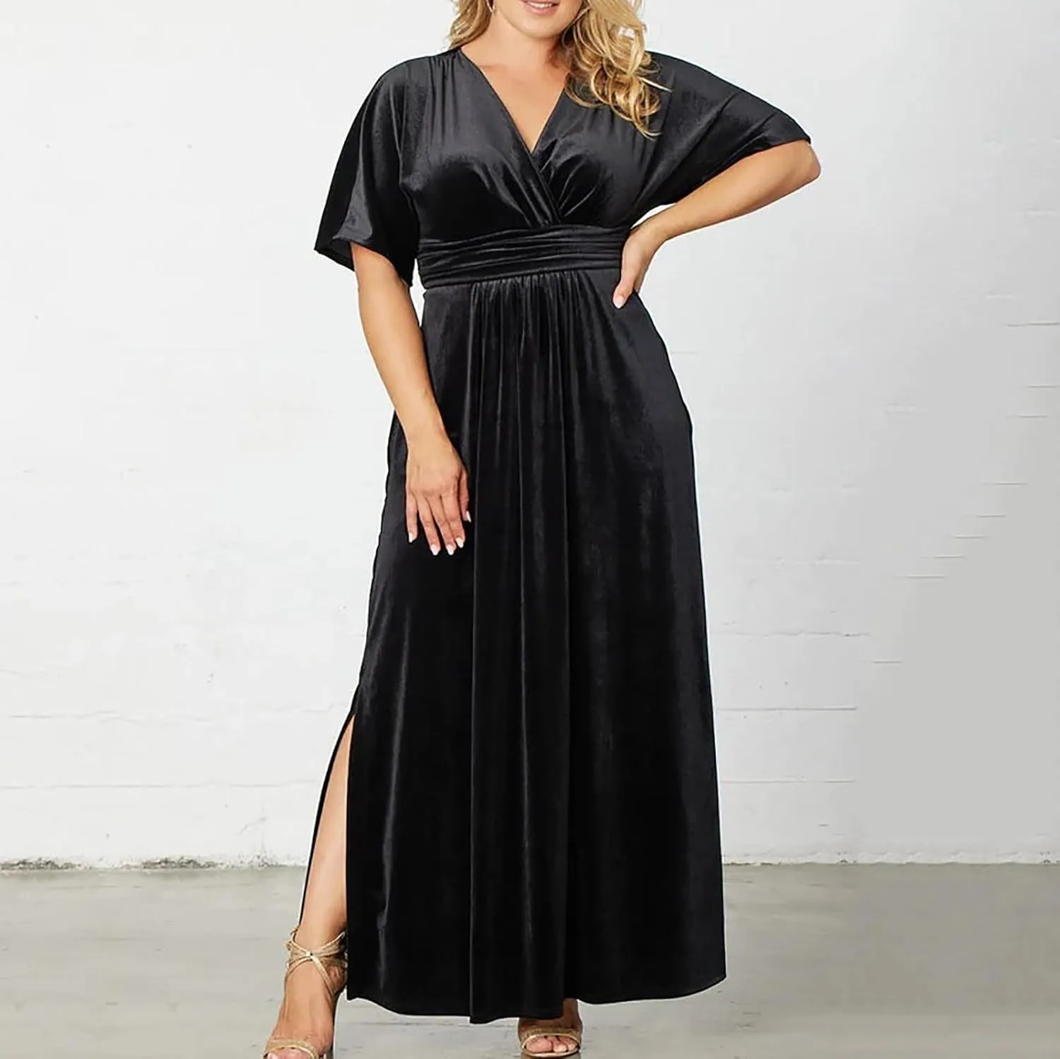 Women's Plus Size V Neck Wrap Velvet Maxi Dress Short Sleeve Empire Waist Semi Formal Dress Side Slit Cocktail Dress