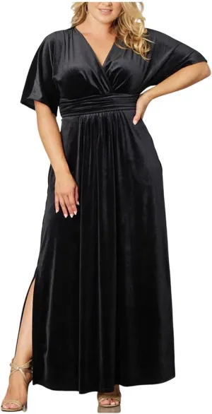 Women's Plus Size V Neck Wrap Velvet Maxi Dress Short Sleeve Empire Waist Semi Formal Dress Side Slit Cocktail Dress