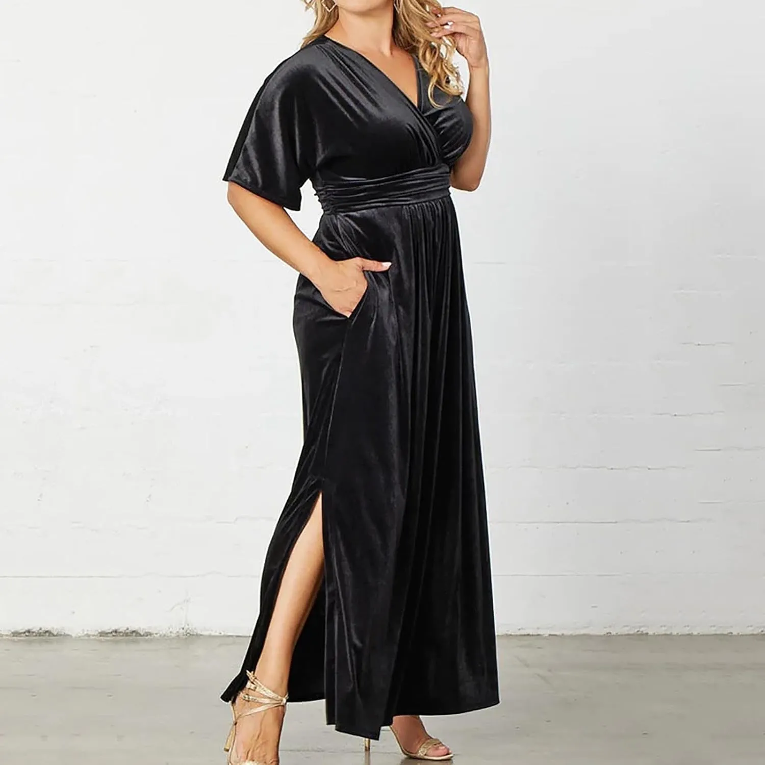 Women's Plus Size V Neck Wrap Velvet Maxi Dress Short Sleeve Empire Waist Semi Formal Dress Side Slit Cocktail Dress