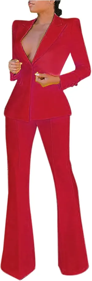 Womens Premium Formal Suit Sets Aesthetic Business Work Blazer Sets Slim Fit Suit Top Straight Leg Flare Bootleg Pant