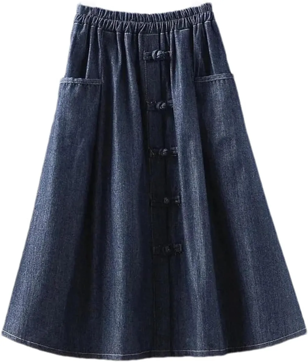 Women's Retro Elastic High Waisted Denim Skirt Summer Loose A-Line Mid-Length Jeans Skirts