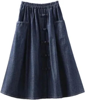 Women's Retro Elastic High Waisted Denim Skirt Summer Loose A-Line Mid-Length Jeans Skirts