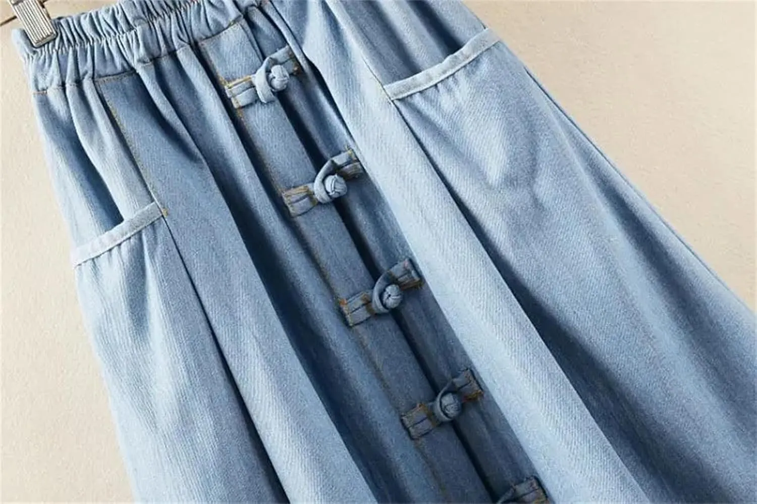 Women's Retro Elastic High Waisted Denim Skirt Summer Loose A-Line Mid-Length Jeans Skirts
