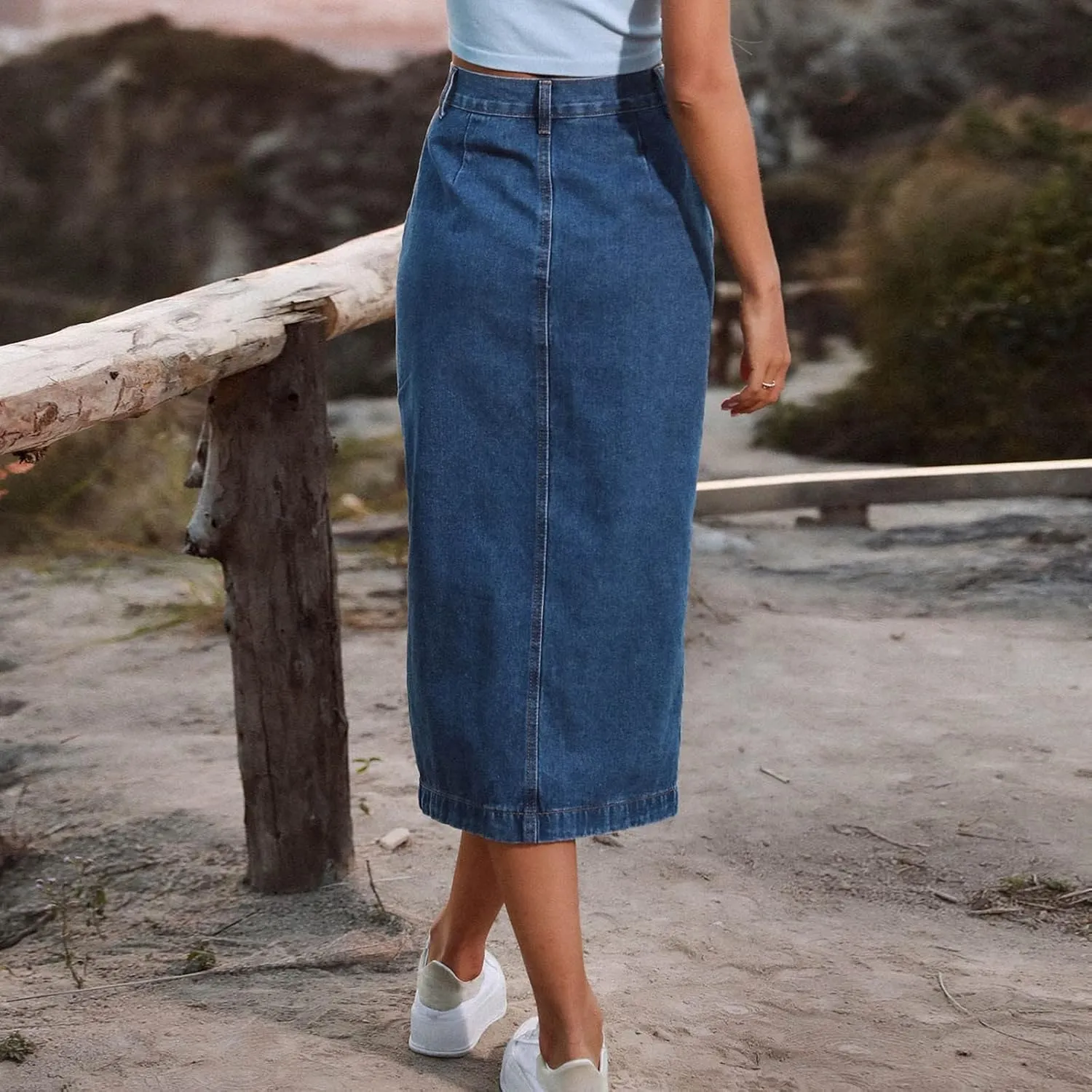 Women's Retro Exposure Button/Zipper-Fly Full Length A-Line Fishtail Maxi Long Washed Denim Jean Skirt Split Hem Skirts